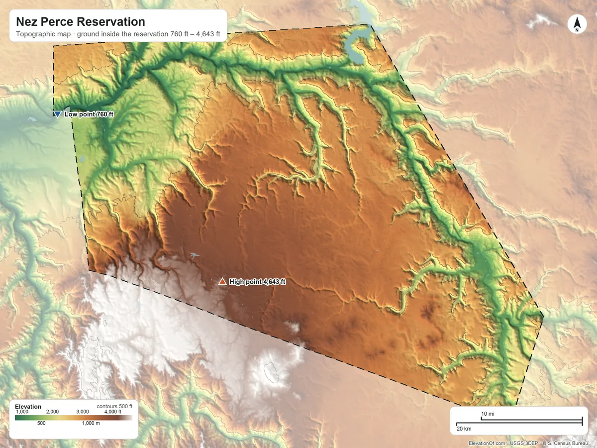 Topographic elevation map of Nez Perce Reservation, Idaho, shaded from 760 ft on the northwest side to 4,643 ft on Mason Butte