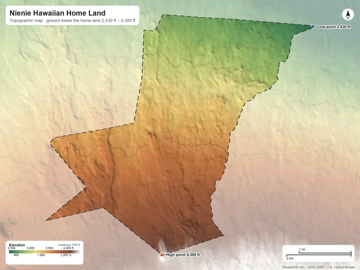 Topographic elevation map of Nienie Hawaiian Home Land, Hawaii, shaded from 2,430 ft on the northeast side to 4,300 ft on the south side