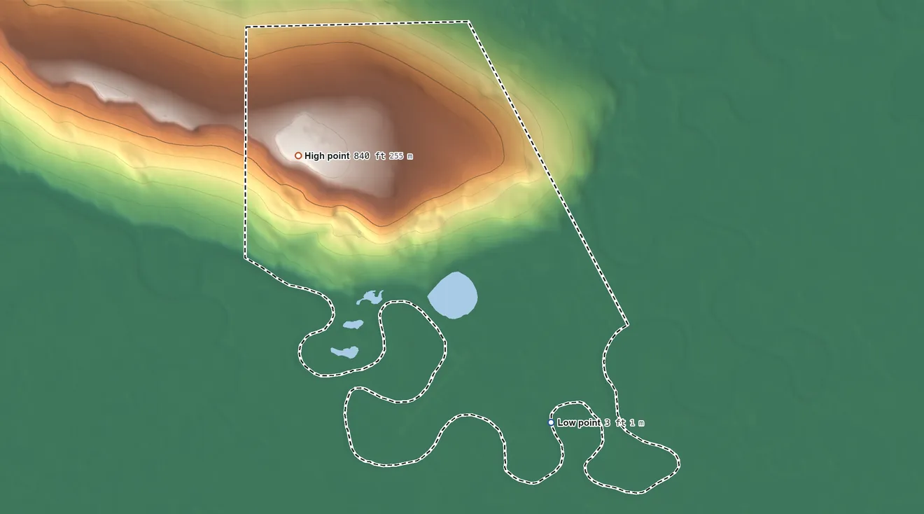 Topographic elevation map of Nightmute ANVSA, Alaska, shaded from 3 ft on the southeast side to 840 ft on the northwest side