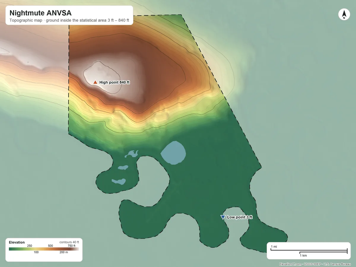 Topographic elevation map of Nightmute ANVSA, Alaska, shaded from 3 ft on the southeast side to 840 ft on the northwest side