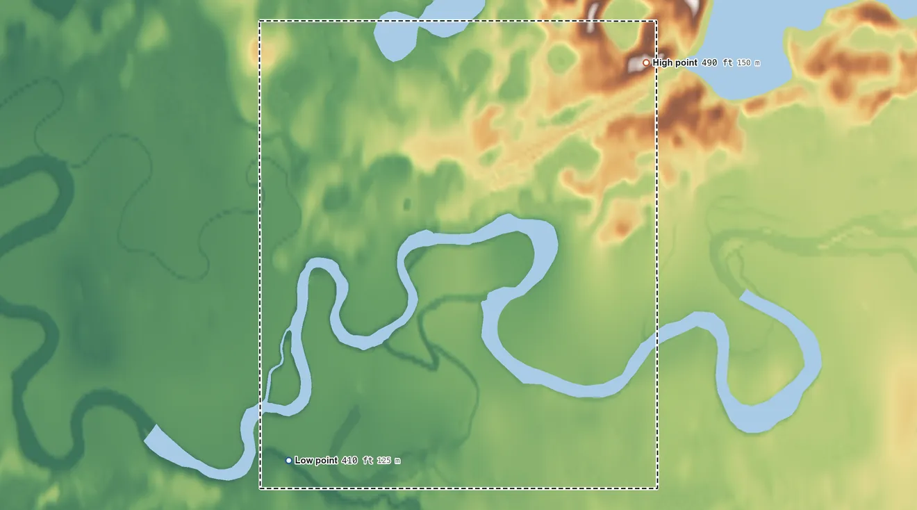 Topographic elevation map of Nikolai ANVSA, Alaska, shaded from 410 ft on the southwest side to 490 ft on the northeast side