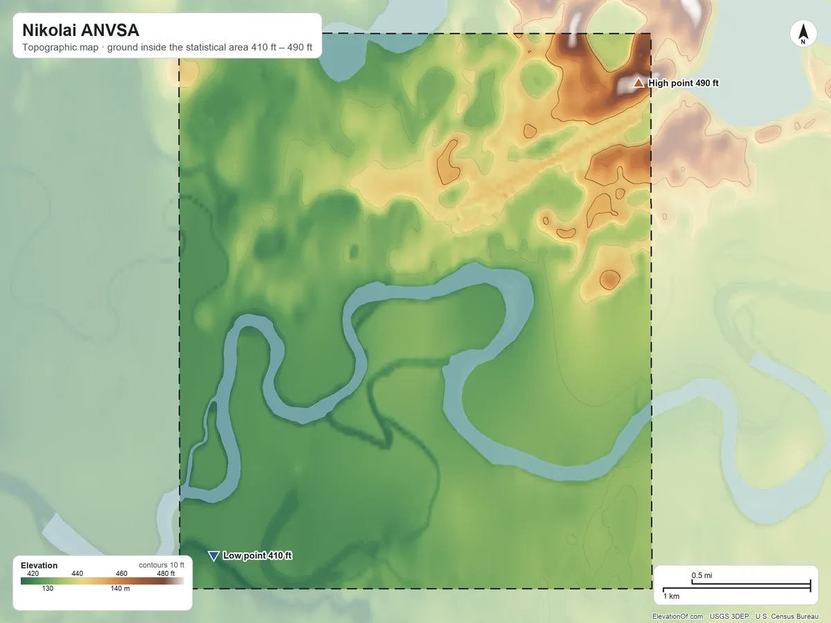 Topographic elevation map of Nikolai ANVSA, Alaska, shaded from 410 ft on the southwest side to 490 ft on the northeast side
