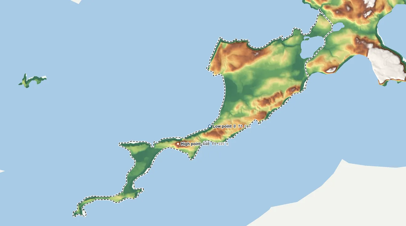 Topographic elevation map of Nikolski ANVSA, Alaska, shaded from sea level on the Bering Sea to 440 ft on Elbow Hill