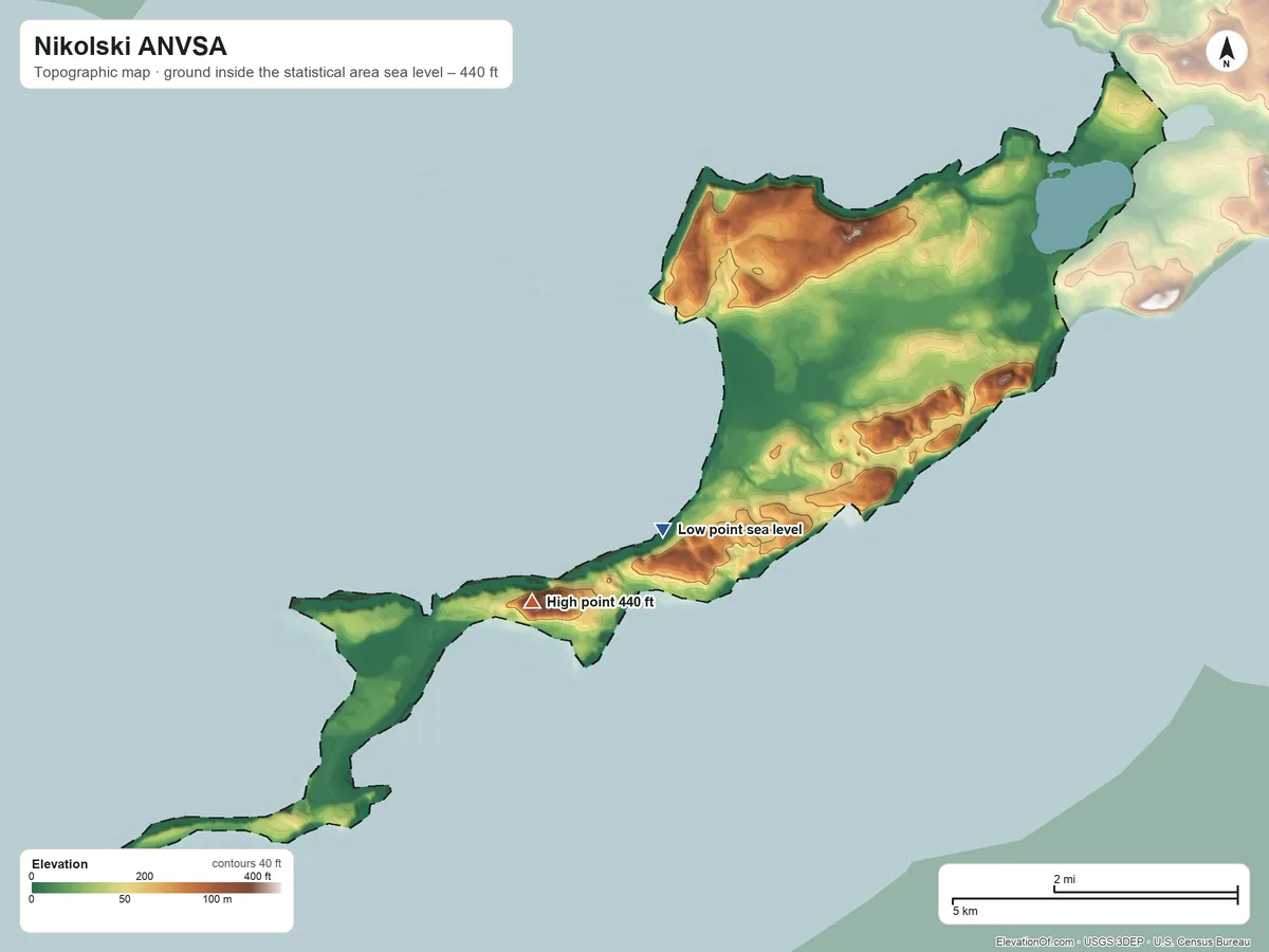 Topographic elevation map of Nikolski ANVSA, Alaska, shaded from sea level on the Bering Sea to 440 ft on Elbow Hill