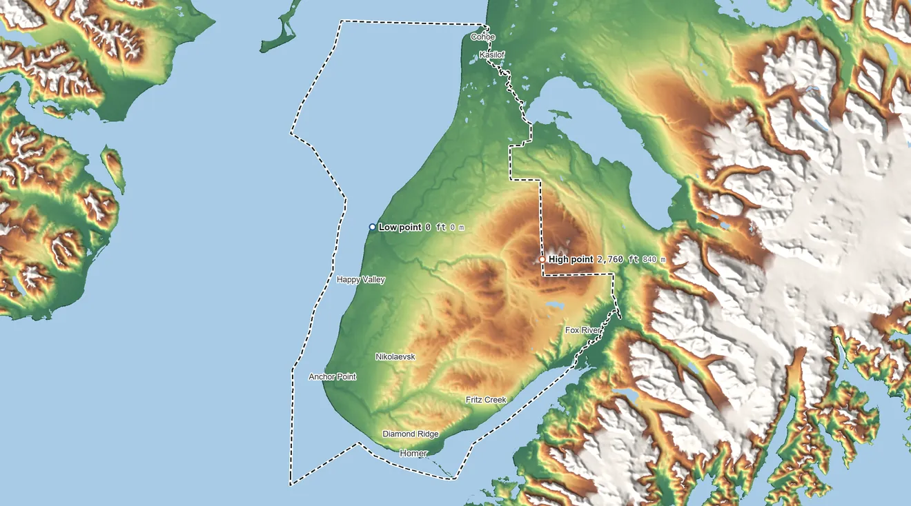Topographic elevation map of Ninilchik ANVSA, Alaska, shaded from sea level on Cook Inlet to 2,760 ft on the east side