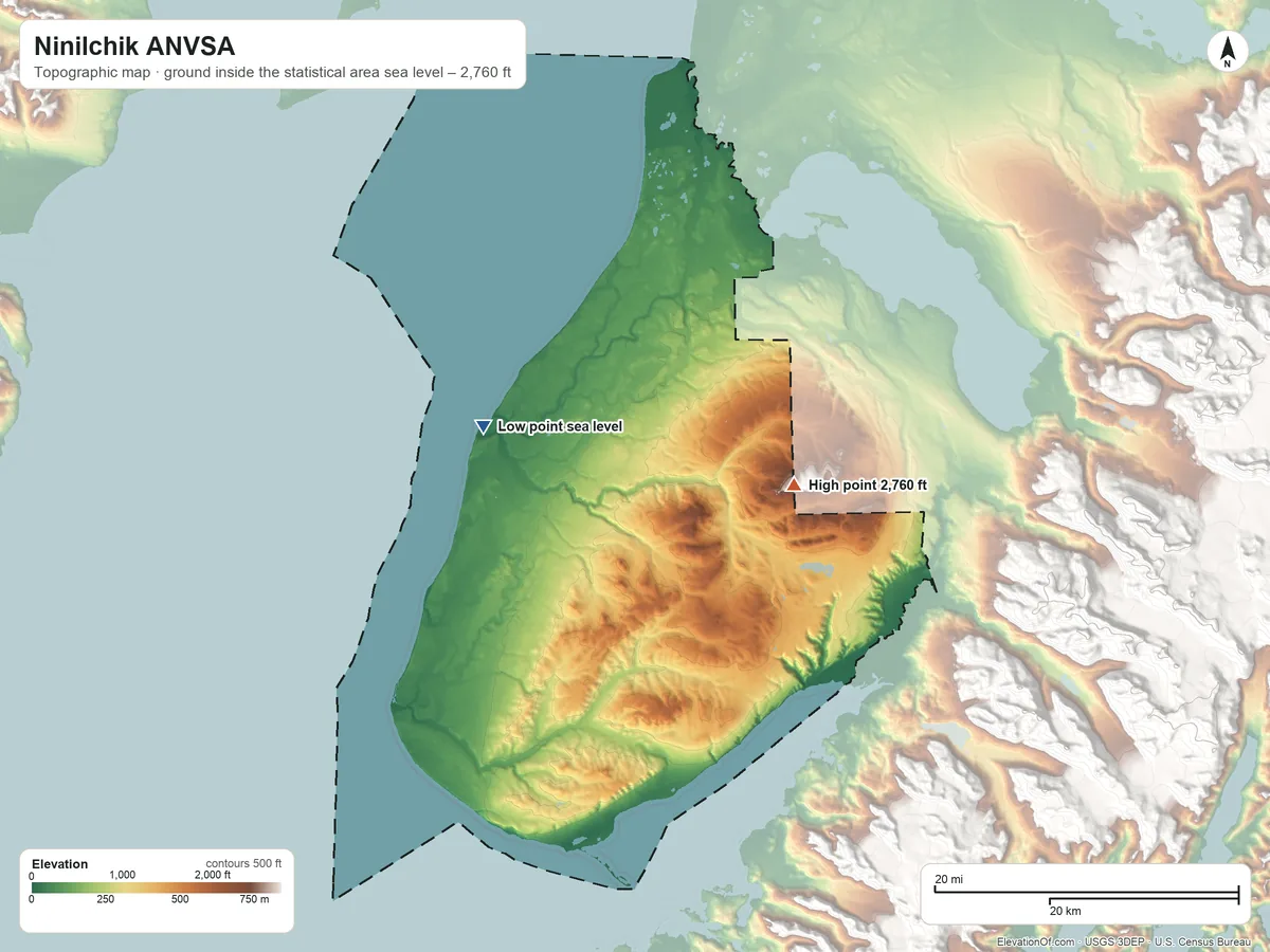 Topographic elevation map of Ninilchik ANVSA, Alaska, shaded from sea level on Cook Inlet to 2,760 ft on the east side