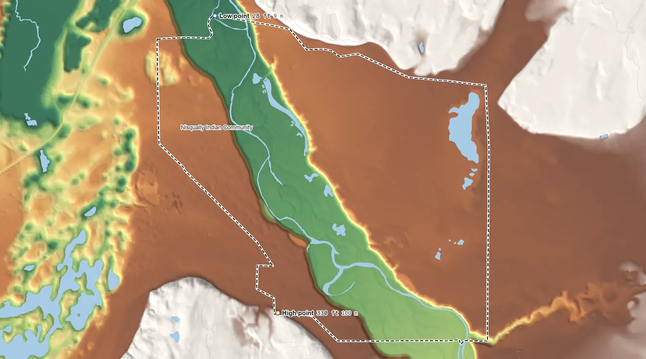 Topographic elevation map of Nisqually Reservation, Washington, shaded from 28 ft on the northwest side to 330 ft on the south side