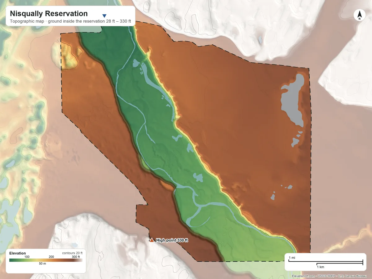 Topographic elevation map of Nisqually Reservation, Washington, shaded from 28 ft on the northwest side to 330 ft on the south side