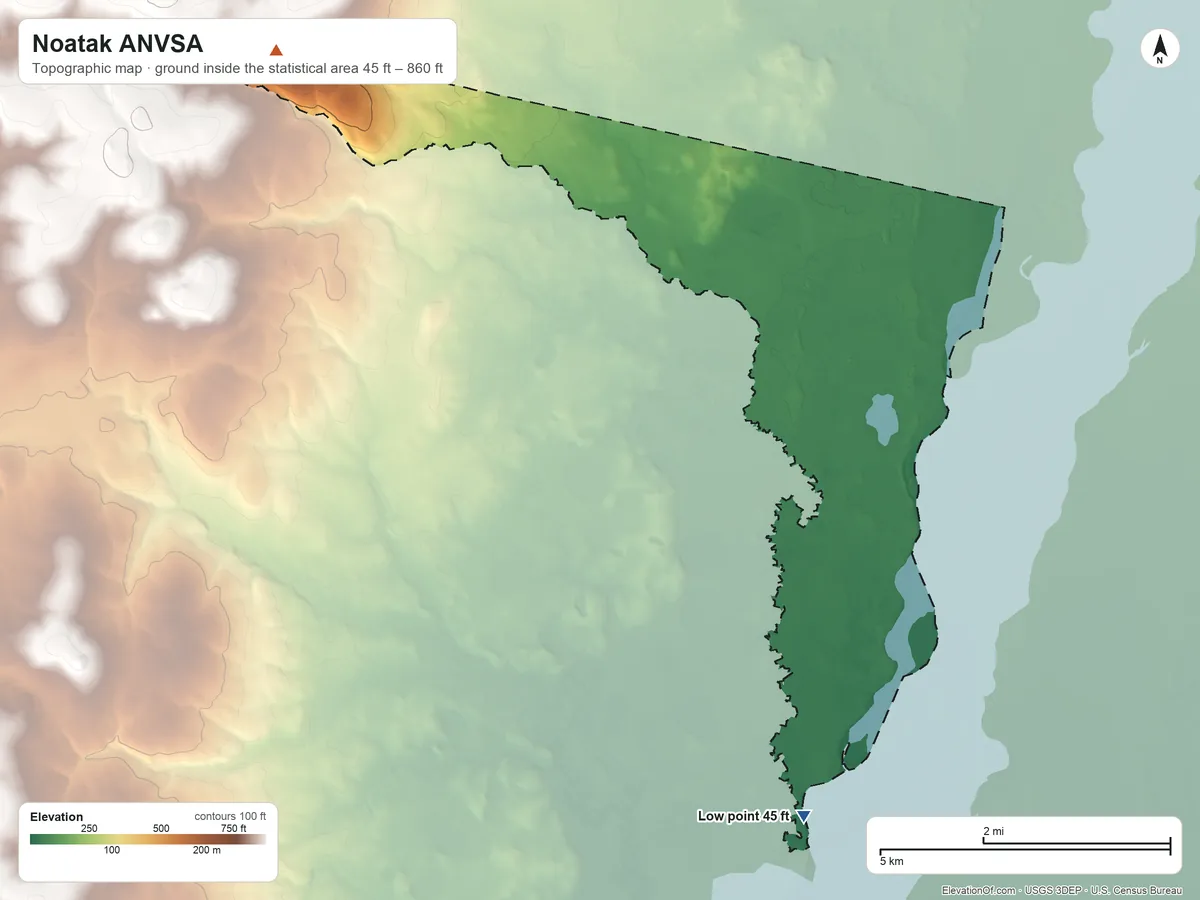 Topographic elevation map of Noatak ANVSA, Alaska, shaded from 45 ft on the southeast side to 860 ft on the northwest side