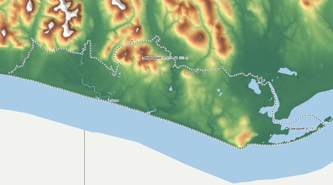 Topographic elevation map of Nome ANVSA, Alaska, shaded from sea level on Safety Sound to 1,155 ft on Newton Peak