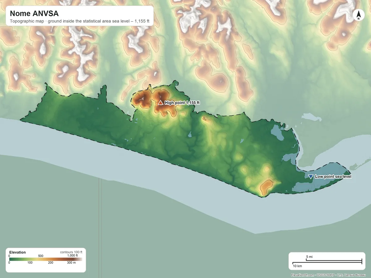 Topographic elevation map of Nome ANVSA, Alaska, shaded from sea level on Safety Sound to 1,155 ft on Newton Peak