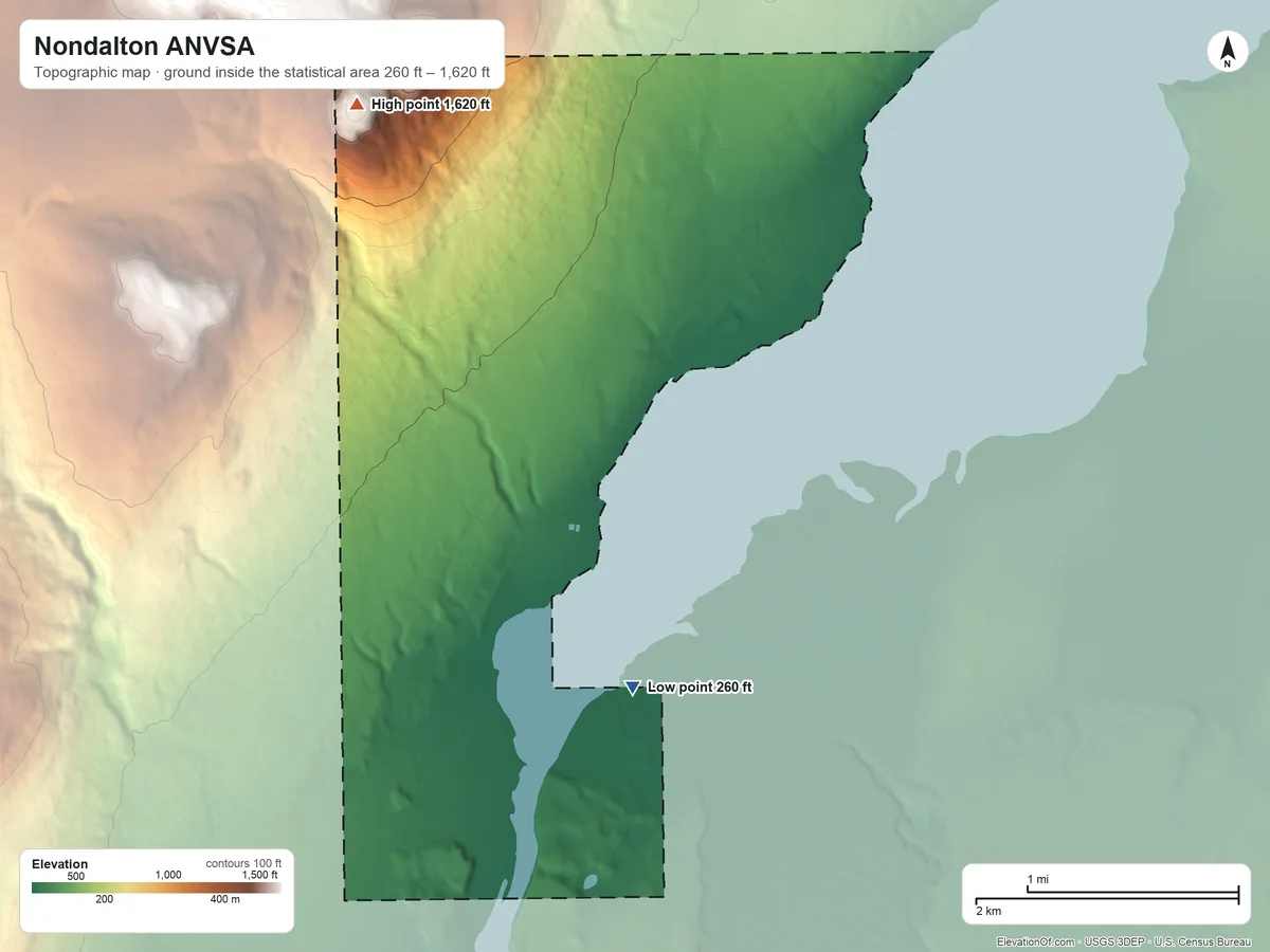 Topographic elevation map of Nondalton ANVSA, Alaska, shaded from 260 ft on the south side to 1,620 ft on the northwest side
