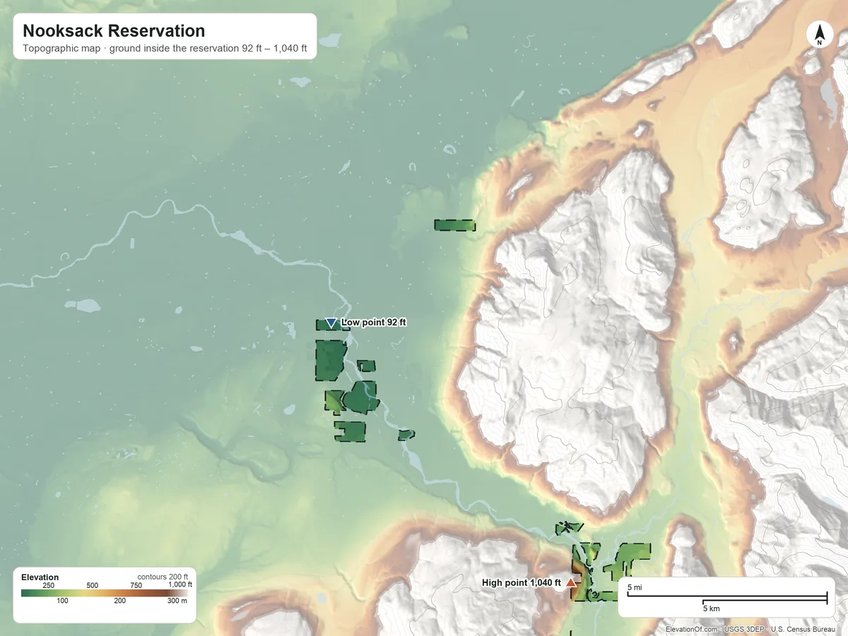 Topographic elevation map of Nooksack Reservation, Washington, shaded from 92 ft on the west side to 1,040 ft on the southeast side