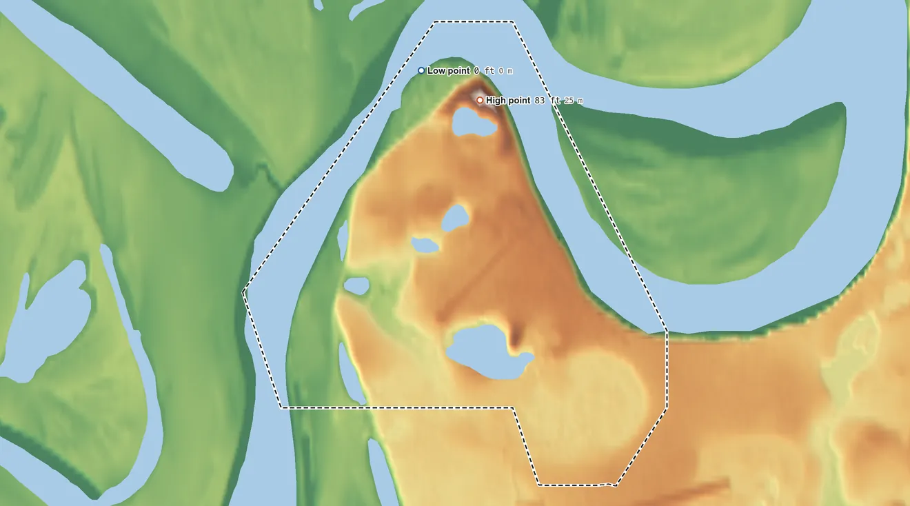 Topographic elevation map of Noorvik ANVSA, Alaska, shaded from sea level on the Nazuruk Channel to 83 ft on the north side