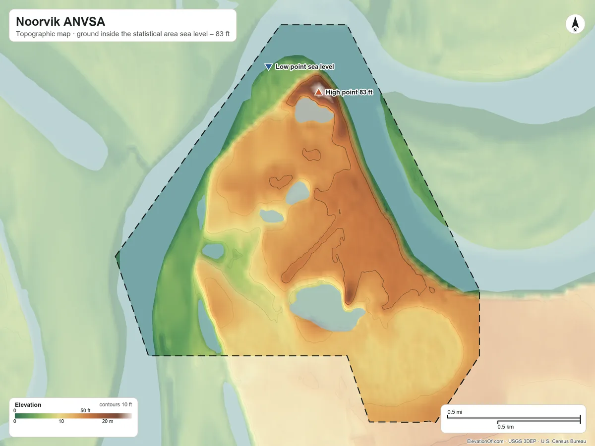 Topographic elevation map of Noorvik ANVSA, Alaska, shaded from sea level on the Nazuruk Channel to 83 ft on the north side