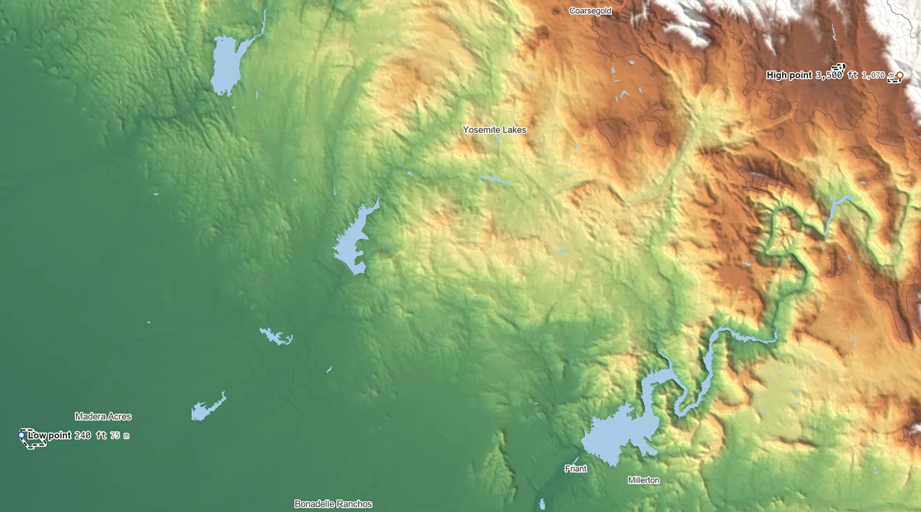 Topographic elevation map of North Fork Rancheria, California, shaded from 240 ft on the west side to 3,500 ft on the northeast side