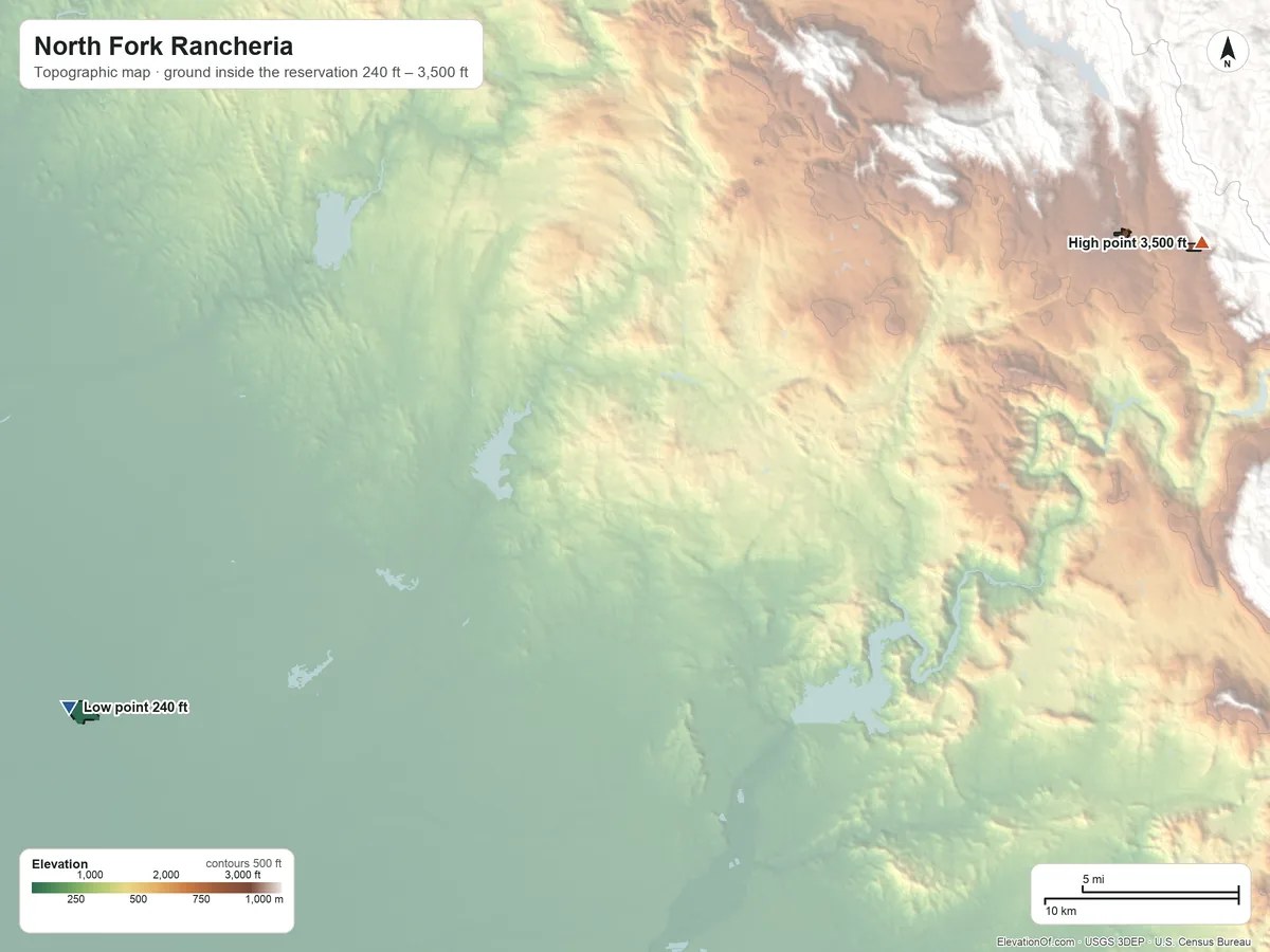 Topographic elevation map of North Fork Rancheria, California, shaded from 240 ft on the west side to 3,500 ft on the northeast side