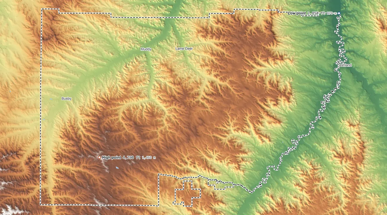 Topographic elevation map of Northern Cheyenne Indian Reservation, Montana, shaded from 2,850 ft on the northeast side to 4,790 ft on the southwest side
