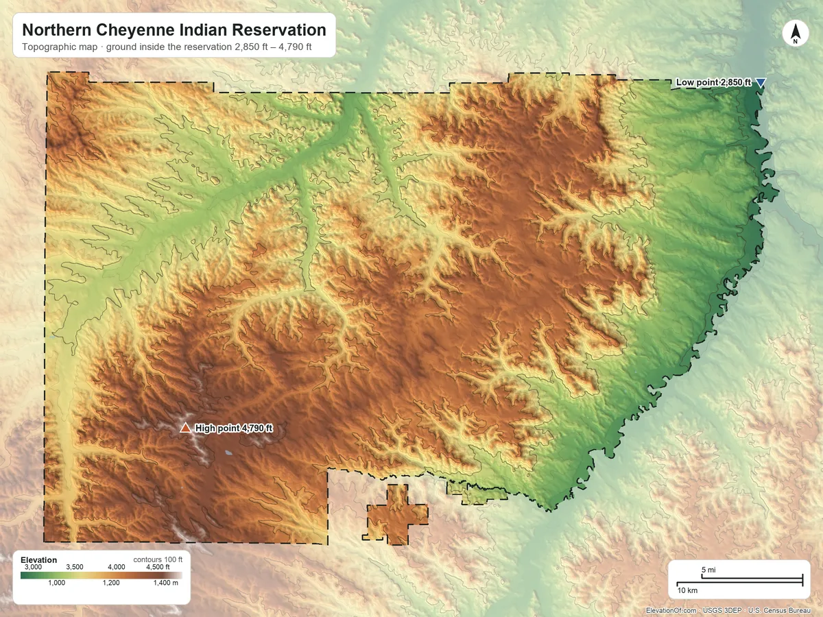 Topographic elevation map of Northern Cheyenne Indian Reservation, Montana, shaded from 2,850 ft on the northeast side to 4,790 ft on the southwest side