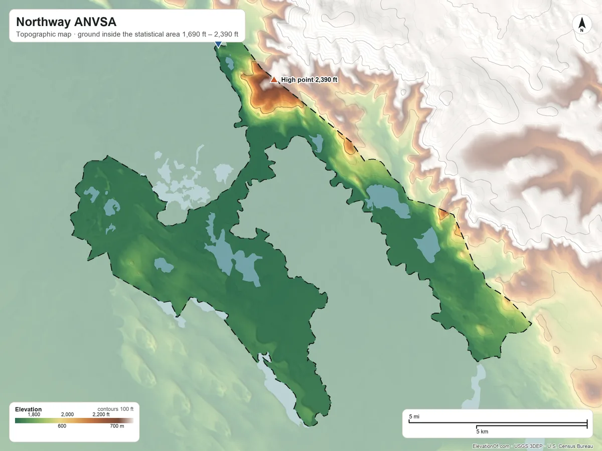 Topographic elevation map of Northway ANVSA, Alaska, shaded from 1,690 ft on the northwest side to 2,390 ft on the north side