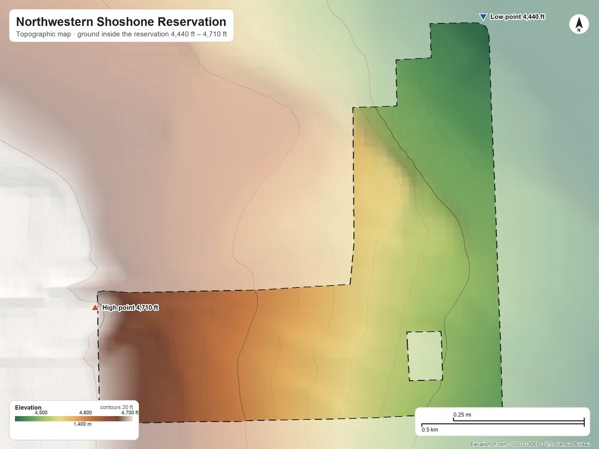 Topographic elevation map of Northwestern Shoshone Reservation, Utah, shaded from 4,440 ft on the northeast side to 4,710 ft on the west side