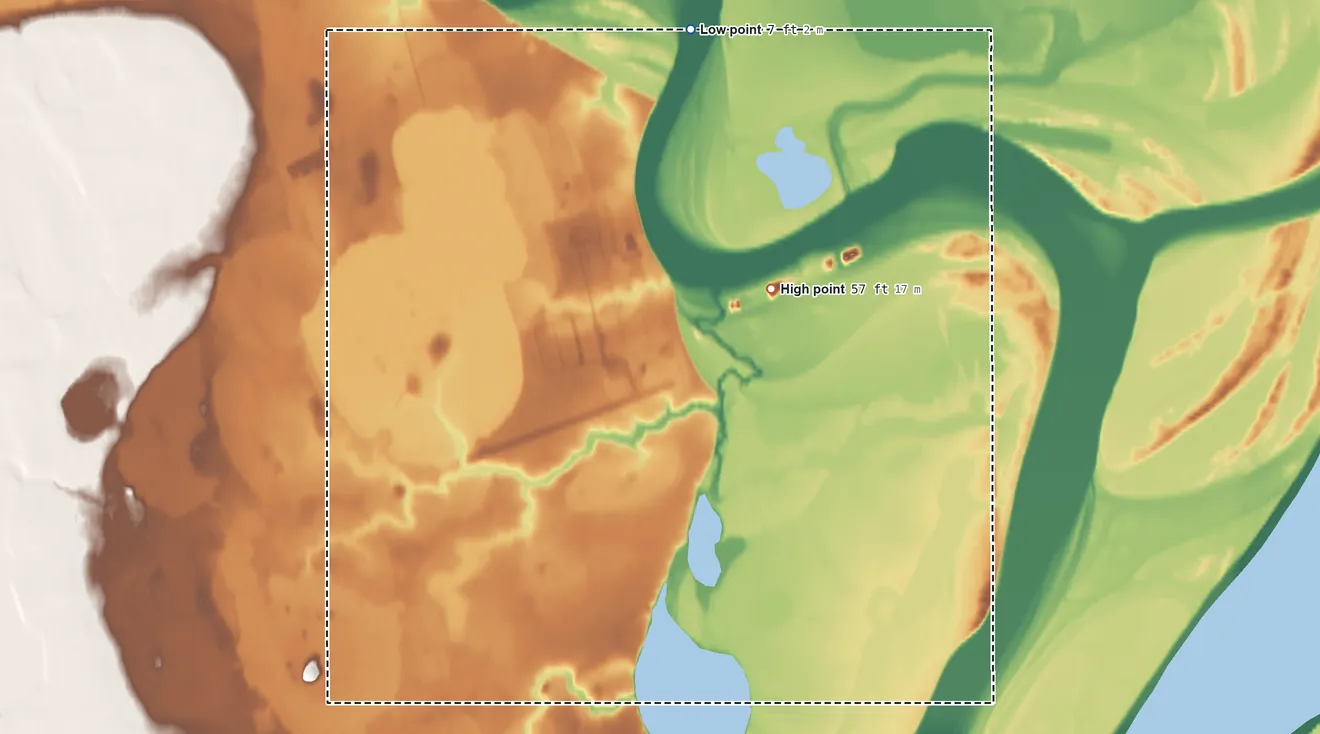Topographic elevation map of Nuiqsut ANVSA, Alaska, shaded from 7 ft on the north side to 57 ft on the northeast side