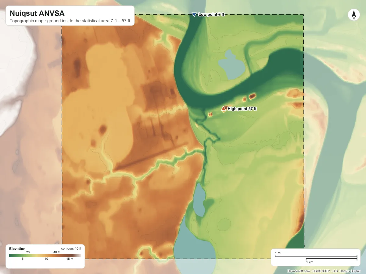 Topographic elevation map of Nuiqsut ANVSA, Alaska, shaded from 7 ft on the north side to 57 ft on the northeast side