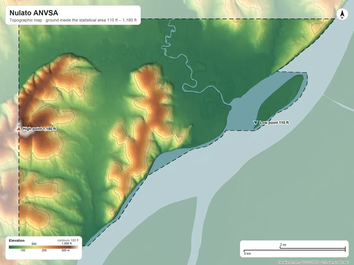 Topographic elevation map of Nulato ANVSA, Alaska, shaded from 110 ft on the east side to 1,180 ft on the west side