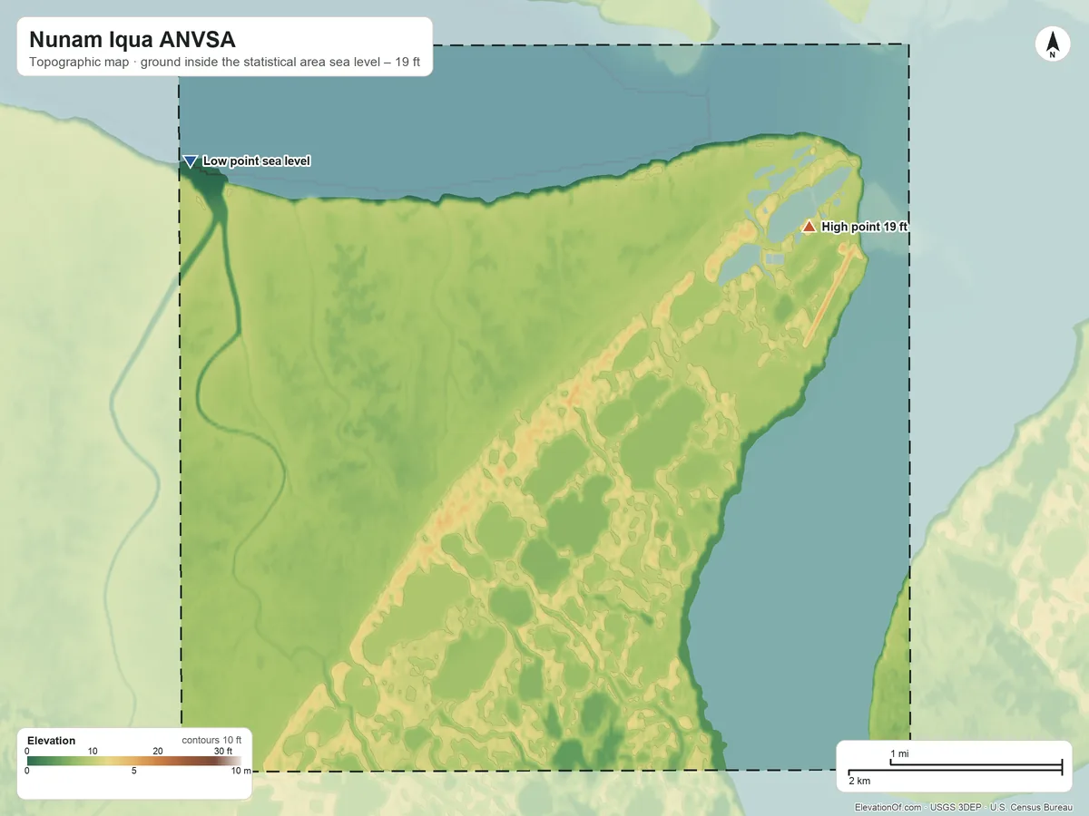 Topographic elevation map of Nunam Iqua ANVSA, Alaska, shaded from sea level on the Kwemeluk Pass to 19 ft on the northeast side