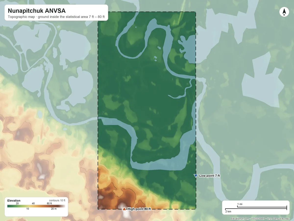 Topographic elevation map of Nunapitchuk ANVSA, Alaska, shaded from 7 ft on the southeast side to 80 ft on the south side