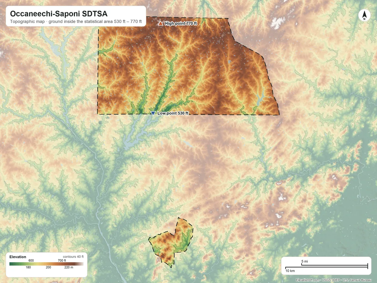 Topographic elevation map of Occaneechi-Saponi SDTSA, North Carolina, shaded from 530 ft on the northwest side to 770 ft on the north side