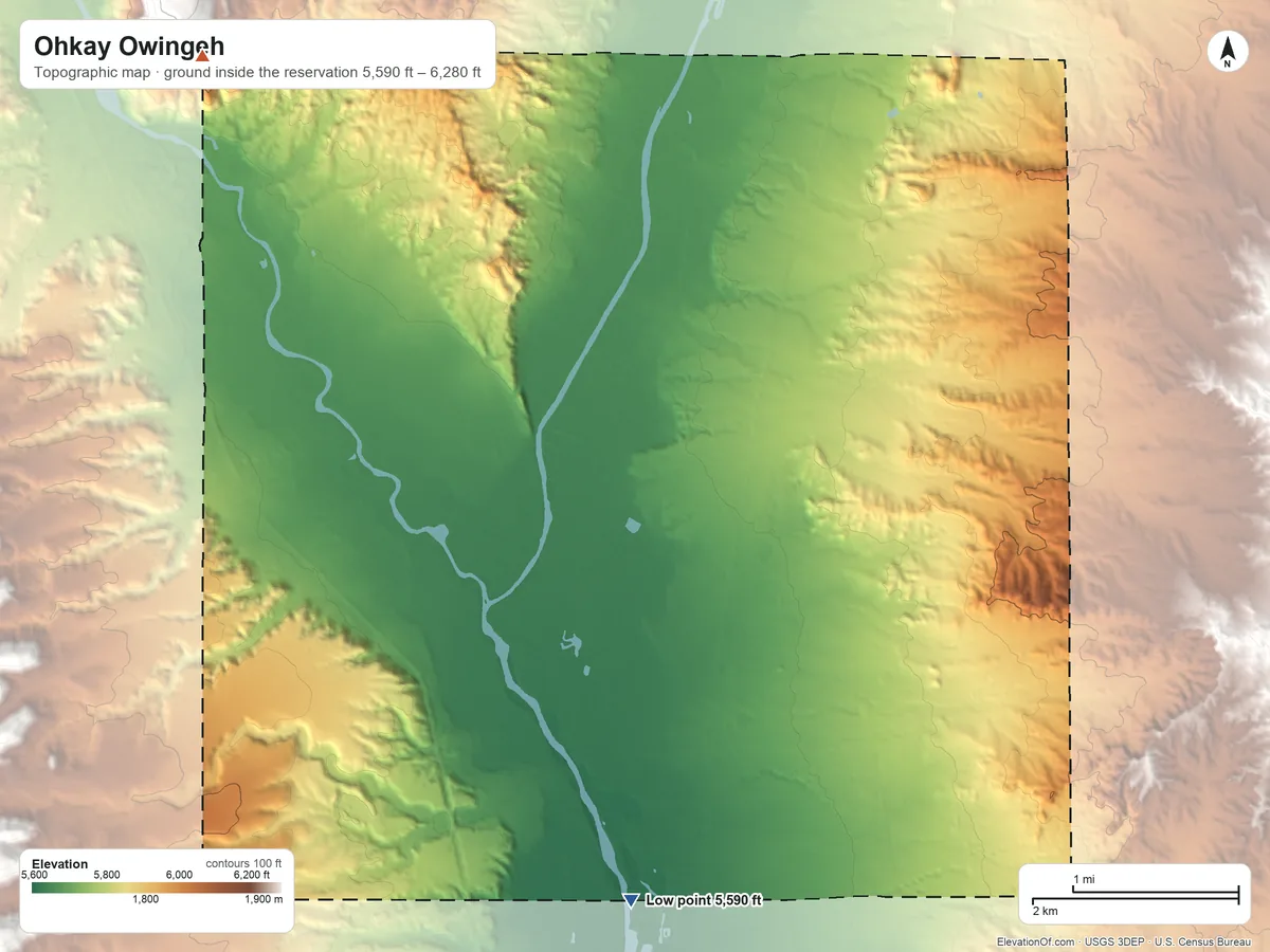 Topographic elevation map of Ohkay Owingeh, New Mexico, shaded from 5,590 ft on the south side to 6,280 ft on the northwest side