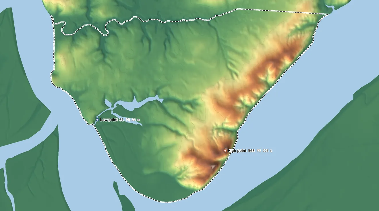 Topographic elevation map of Ohogamiut ANVSA, Alaska, shaded from 31 ft on the west side to 568 ft on Roundabout Mountain