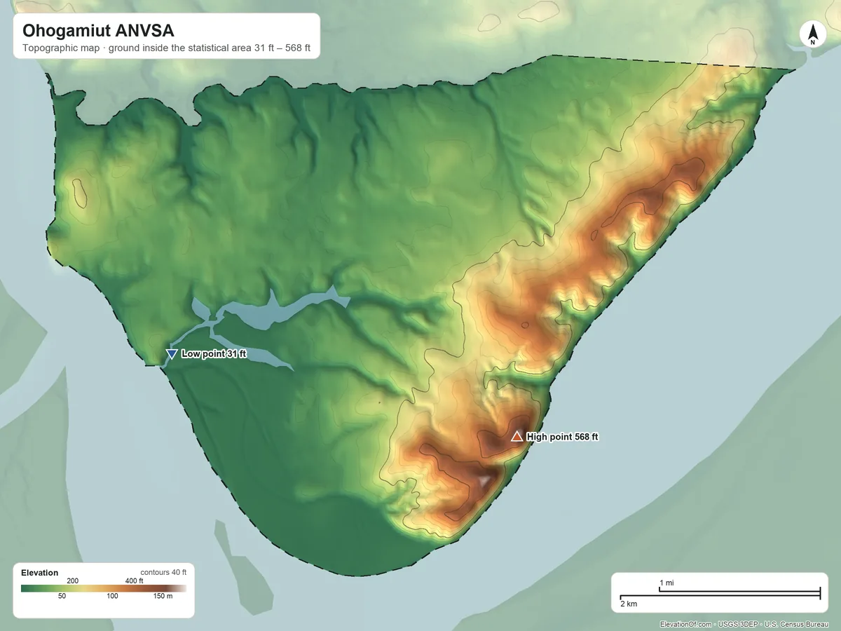 Topographic elevation map of Ohogamiut ANVSA, Alaska, shaded from 31 ft on the west side to 568 ft on Roundabout Mountain