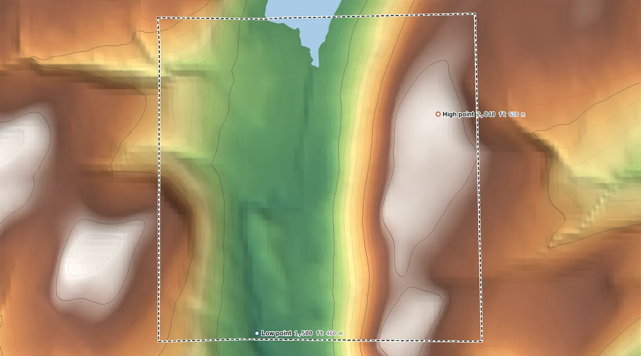 Topographic elevation map of Oil Springs Reservation, New York, shaded from 1,500 ft on the south side to 2,040 ft on Reservation Hill