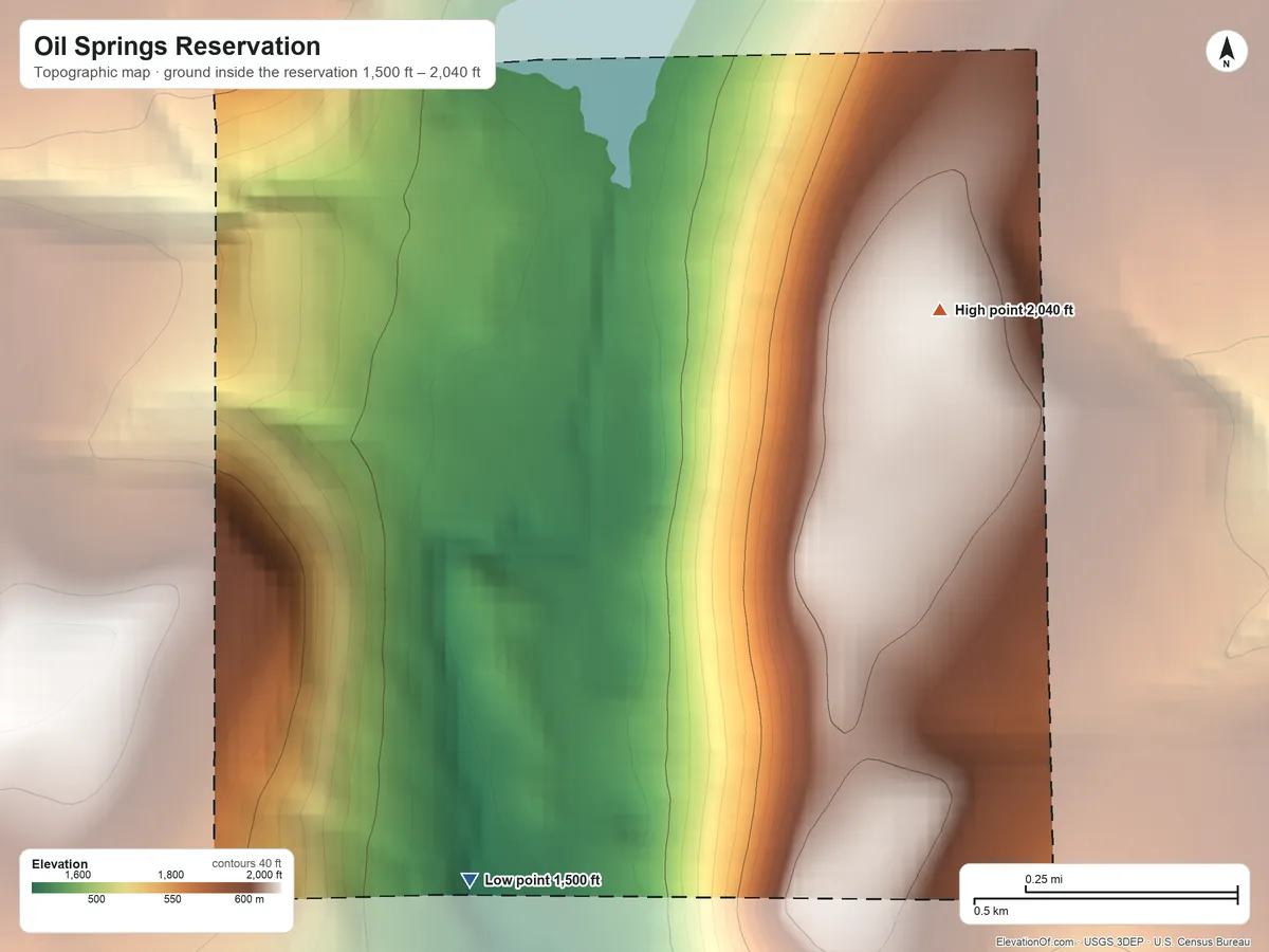 Topographic elevation map of Oil Springs Reservation, New York, shaded from 1,500 ft on the south side to 2,040 ft on Reservation Hill
