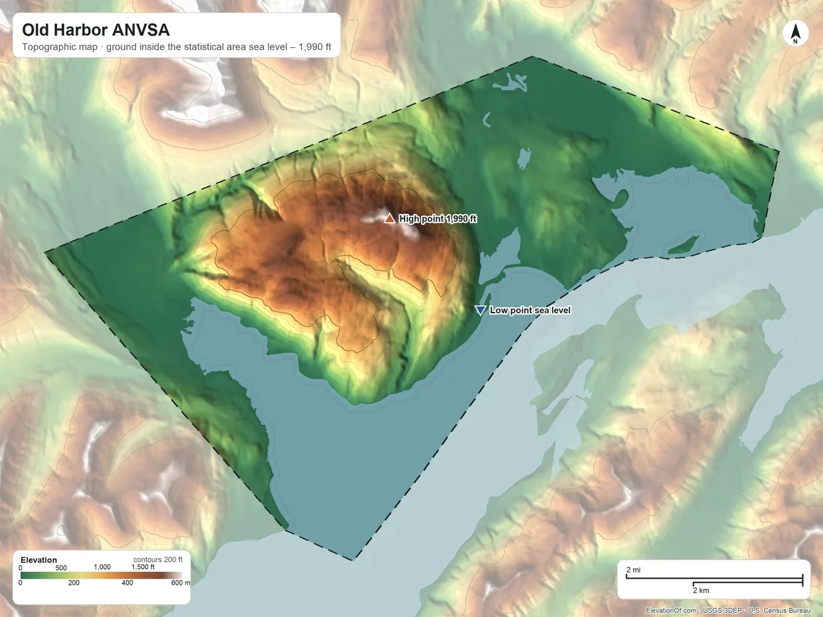 Topographic elevation map of Old Harbor ANVSA, Alaska, shaded from sea level on the Sitkalidak Strait to 1,990 ft on the north side