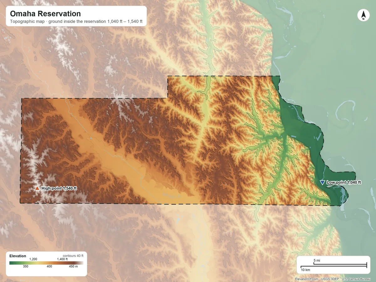 Topographic elevation map of Omaha Reservation, Nebraska, shaded from 1,040 ft on the east side to 1,540 ft on the west side