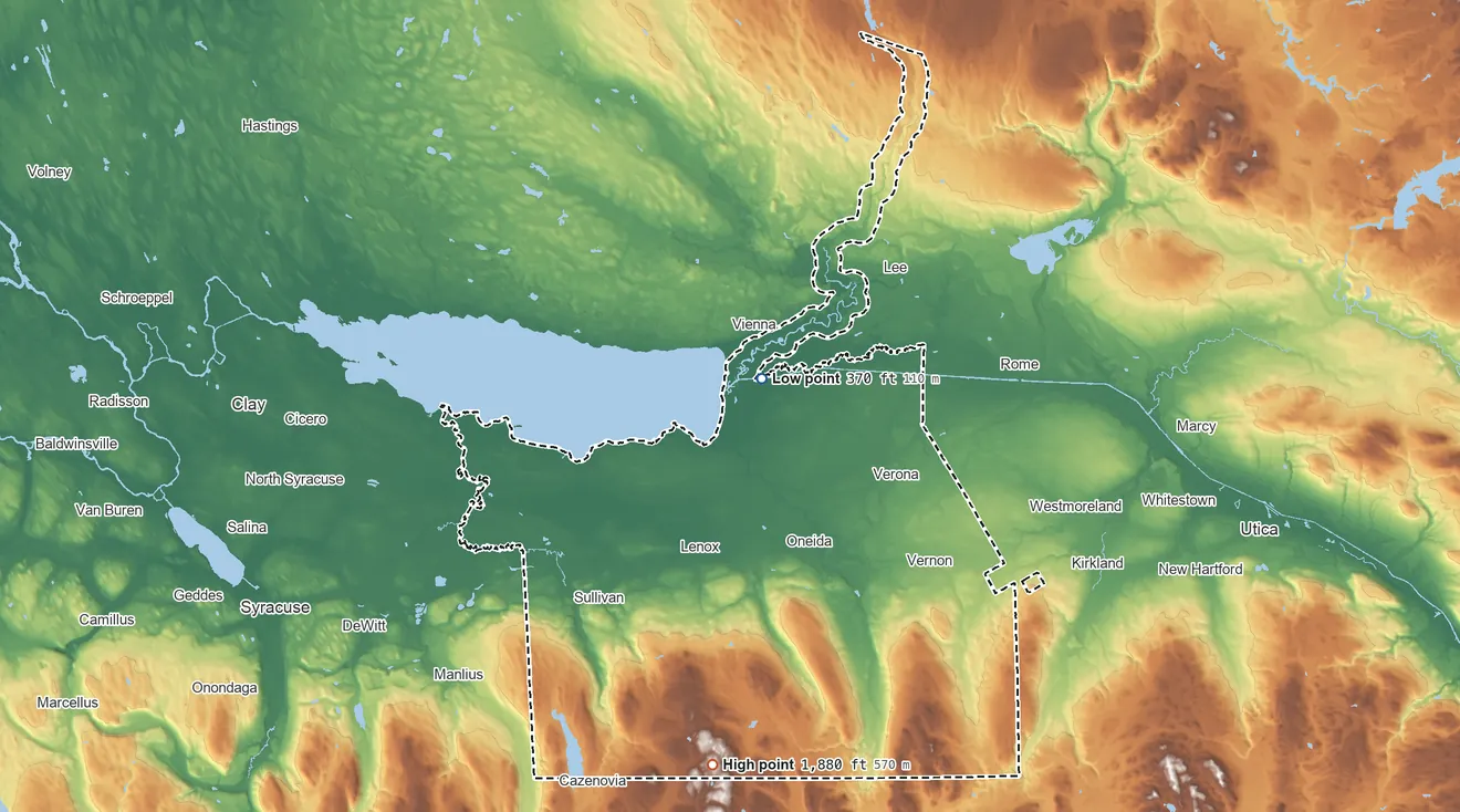 Topographic elevation map of Oneida Indian Nation Reservation, New York, shaded from 370 ft near the middle to 1,880 ft on the south side