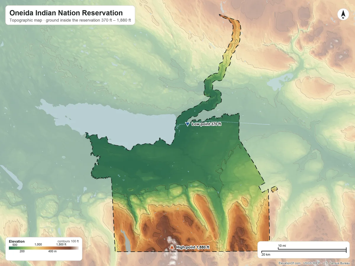 Topographic elevation map of Oneida Indian Nation Reservation, New York, shaded from 370 ft near the middle to 1,880 ft on the south side