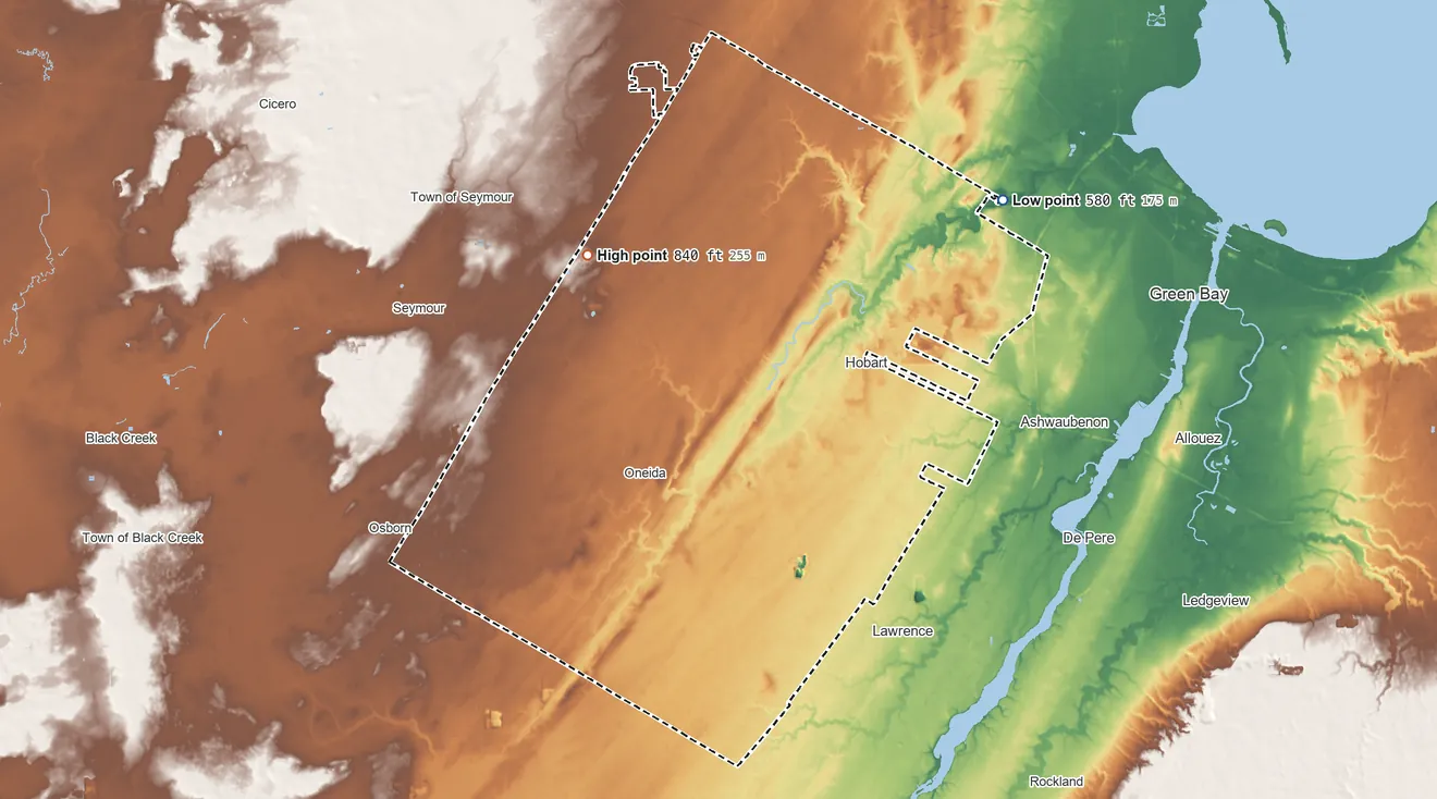 Topographic elevation map of Oneida (WI) Reservation, Wisconsin, shaded from 580 ft on the northeast side to 840 ft on the northwest side