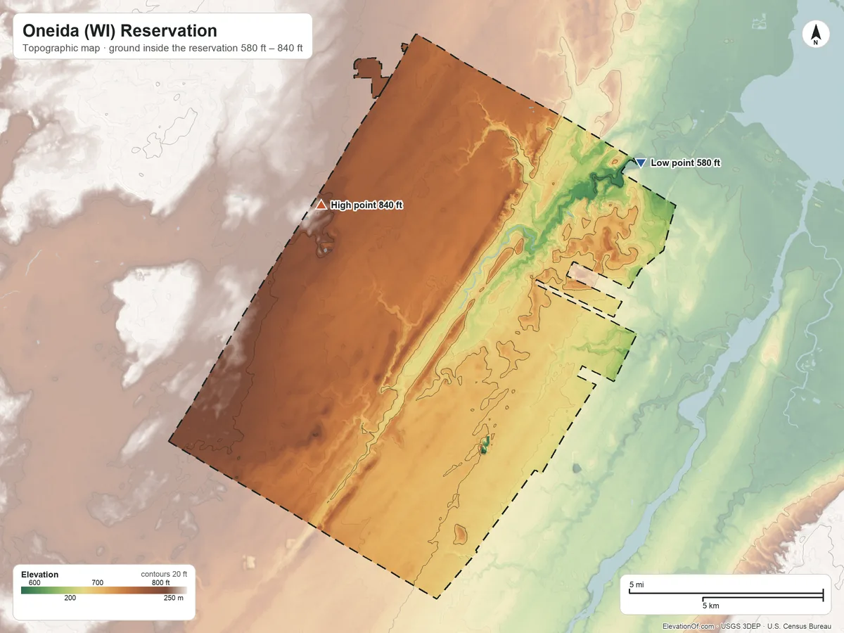 Topographic elevation map of Oneida (WI) Reservation, Wisconsin, shaded from 580 ft on the northeast side to 840 ft on the northwest side