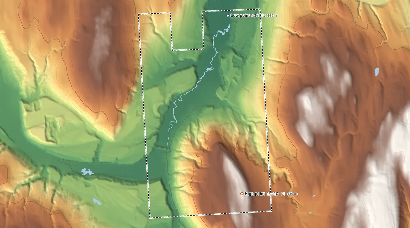 Topographic elevation map of Onondaga Nation Reservation, New York, shaded from 430 ft on the north side to 1,410 ft on the southeast side