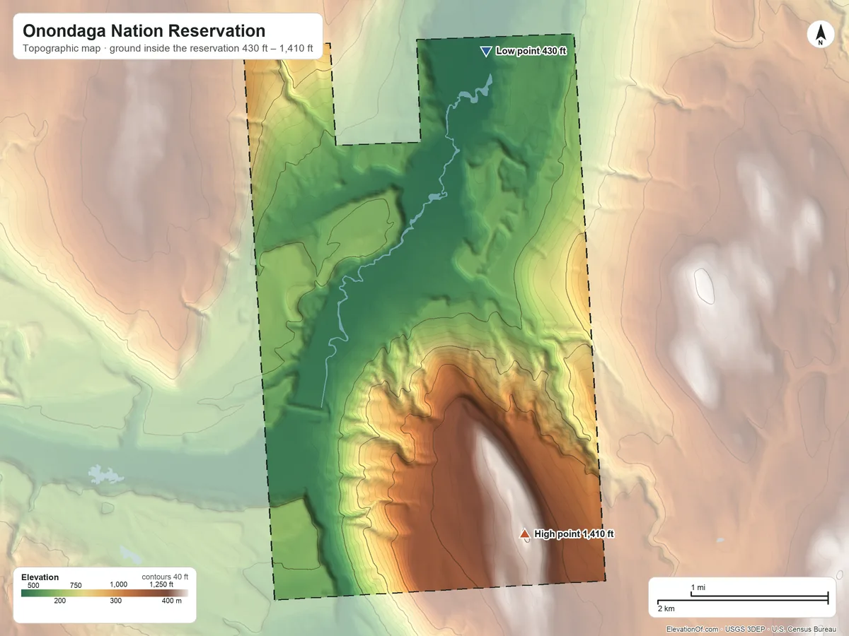Topographic elevation map of Onondaga Nation Reservation, New York, shaded from 430 ft on the north side to 1,410 ft on the southeast side