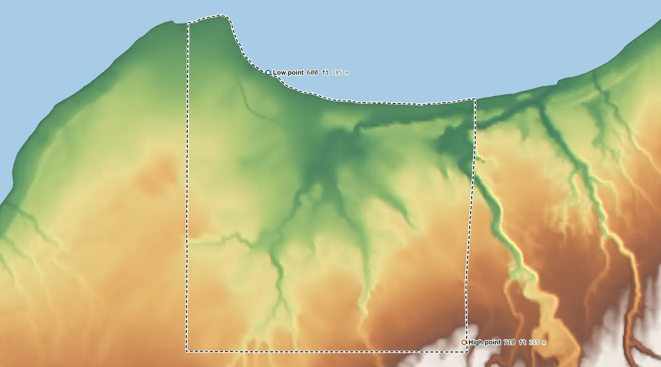 Topographic elevation map of Ontonagon Reservation, Michigan, shaded from 600 ft on the northwest side to 710 ft on the southeast side