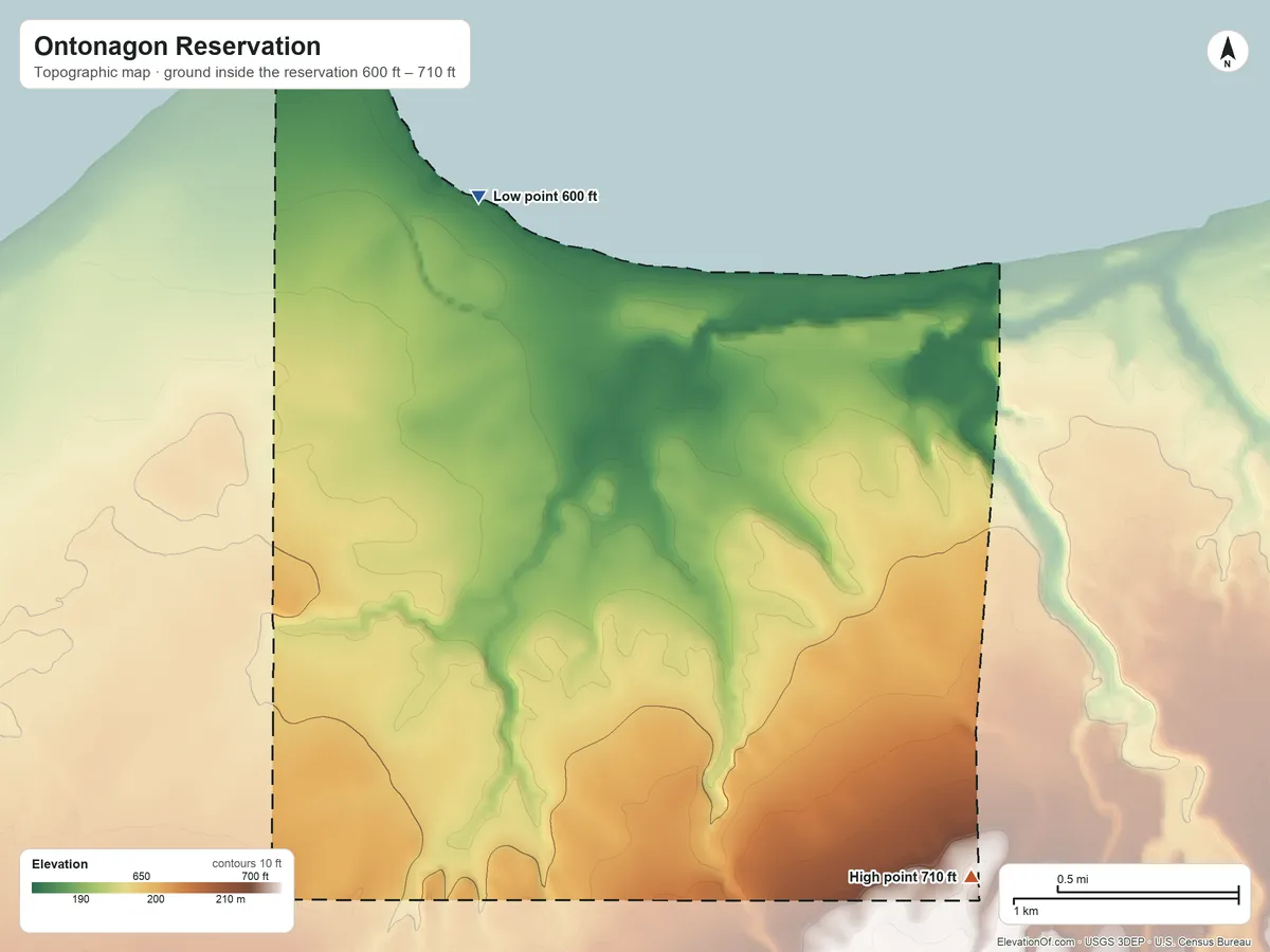 Topographic elevation map of Ontonagon Reservation, Michigan, shaded from 600 ft on the northwest side to 710 ft on the southeast side