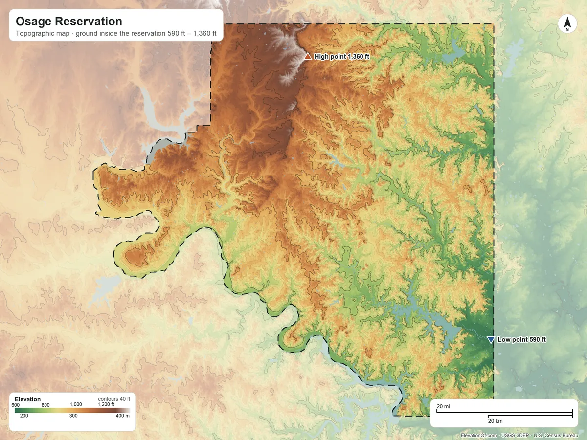 Topographic elevation map of Osage Reservation, Oklahoma, shaded from 590 ft on the southeast side to 1,360 ft on the north side
