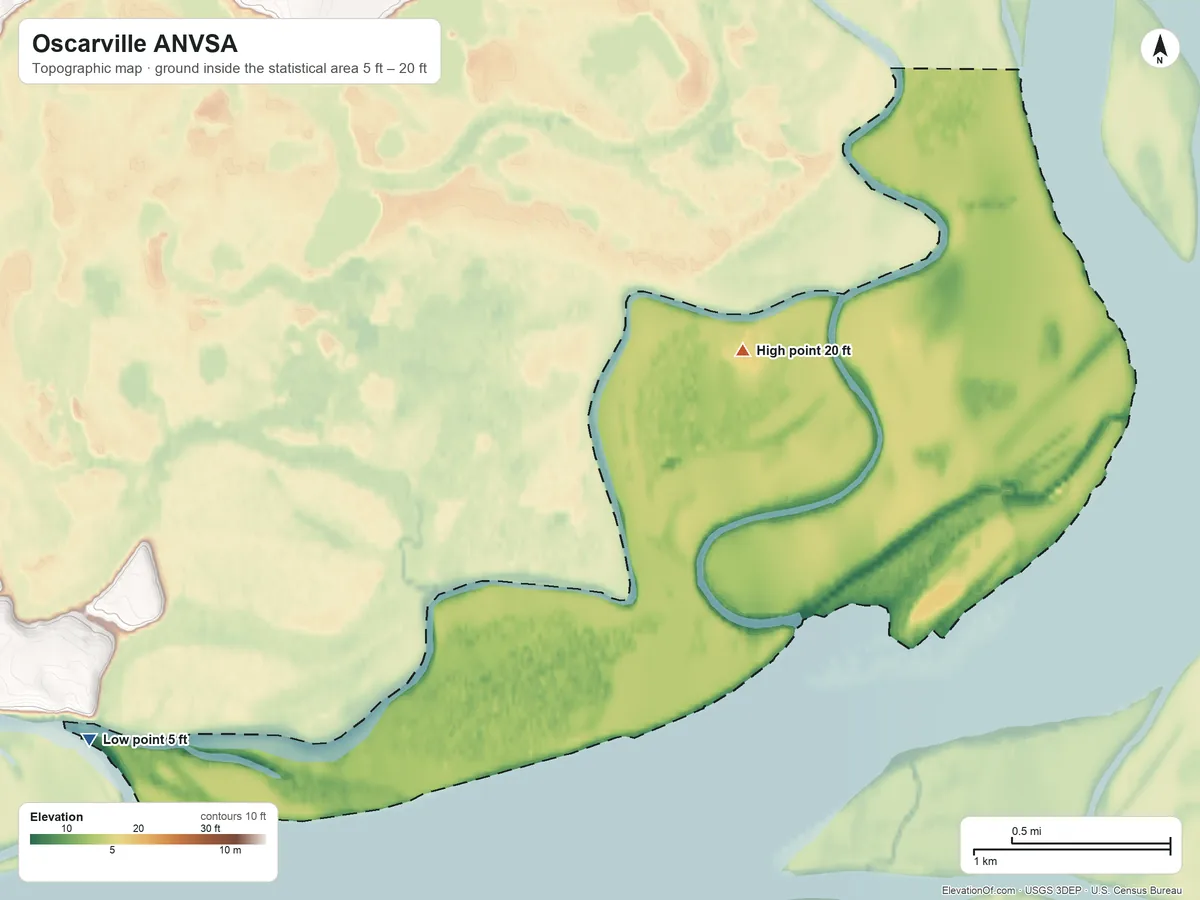 Topographic elevation map of Oscarville ANVSA, Alaska, shaded from 5 ft on the southwest side to 20 ft on the northeast side