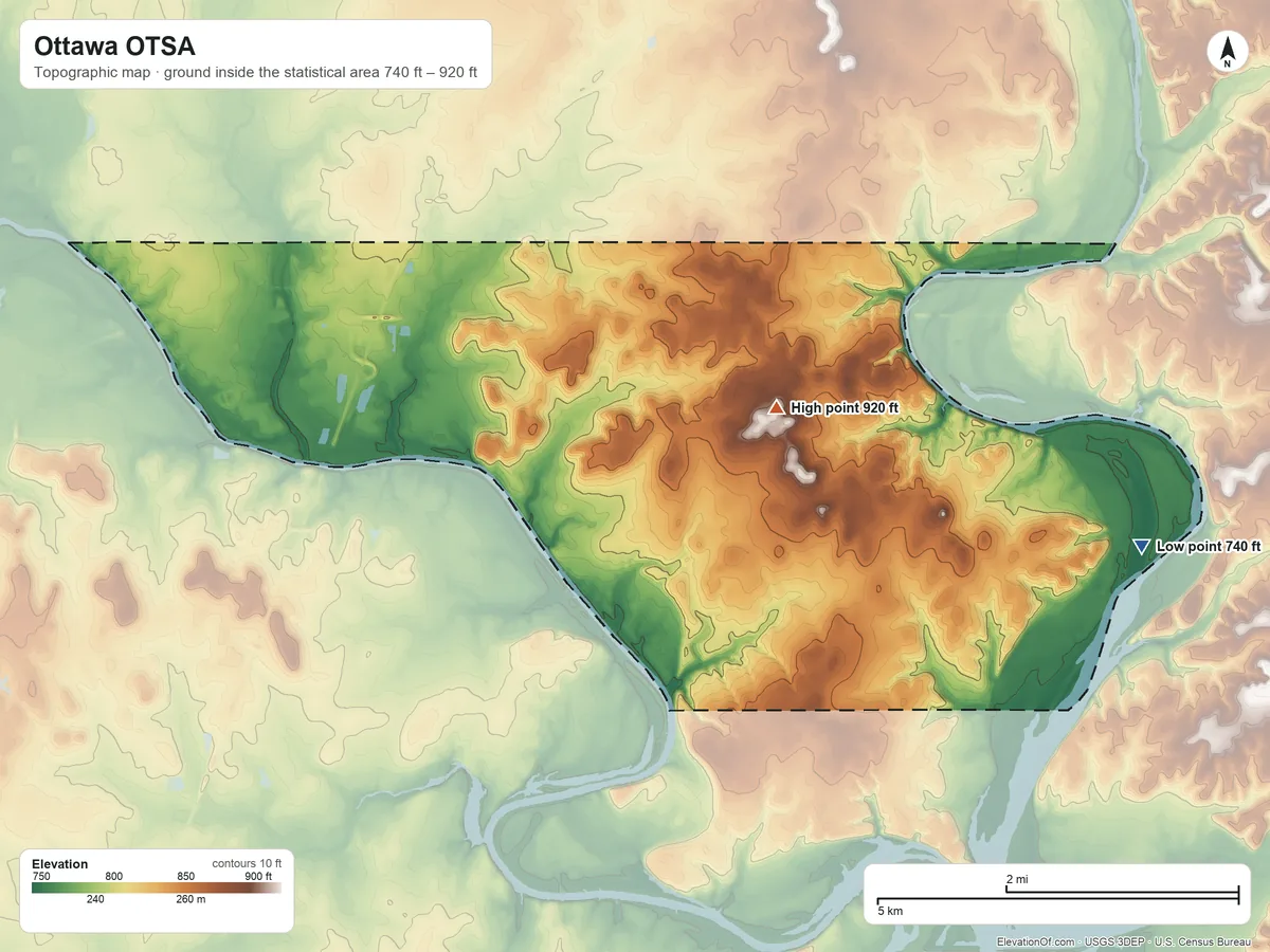Topographic elevation map of Ottawa OTSA, Oklahoma, shaded from 740 ft on the east side to 920 ft on the northeast side