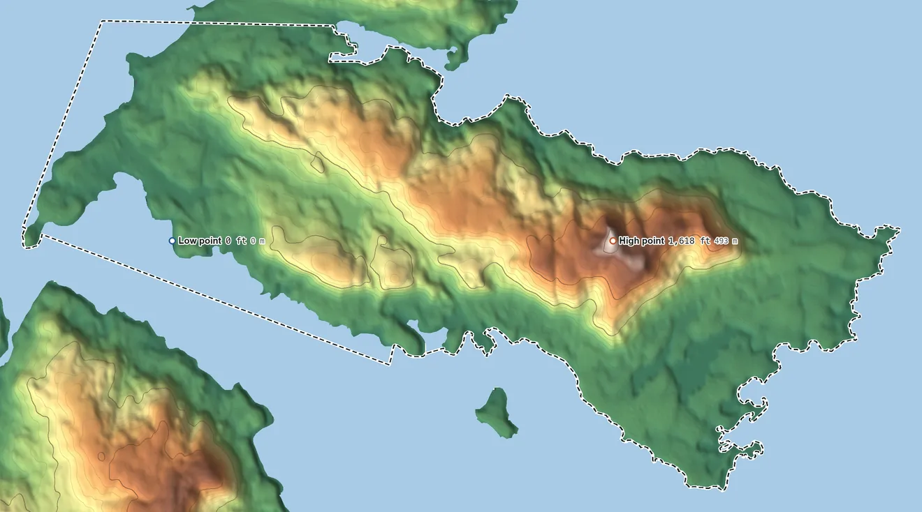 Topographic elevation map of Ouzinkie ANVSA, Alaska, shaded from sea level on the Narrow Strait to 1,618 ft on Mount Herman